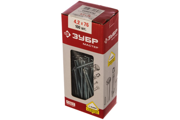 Саморезы с прессшайбой и сверлом по листовому металлу до 2 мм Зубр PH2 4,2х76 мм 100шт 4-300211-42-076