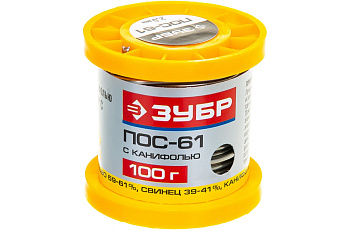 Припой ПОС 61 (2 мм; 100 г; трубка с канифолью) Зубр 55450-100-20C Припой ПОС 61 (2 мм; 100 г; трубка с канифолью) Зубр 55450-100-20C