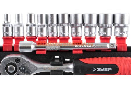 Набор торцевых головок Зубр МАСТЕР 1/4" на пластиковом рельсе, трещотка, удлинитель, Cr-V, 4-13мм, 12 предметов 27645-H12