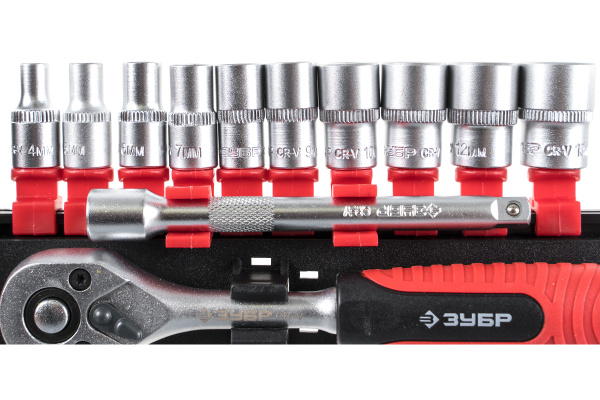 Набор торцевых головок Зубр МАСТЕР 1/4" на пластиковом рельсе, трещотка, удлинитель, Cr-V, 4-13мм, 12 предметов 27645-H12