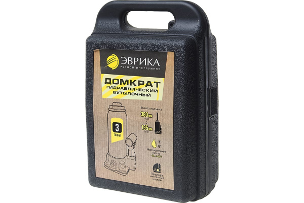 Гидравлический бутылочный домкрат в кейсе ЭВРИКА с клапаном, 3 т, ремкомплект ER-80031S