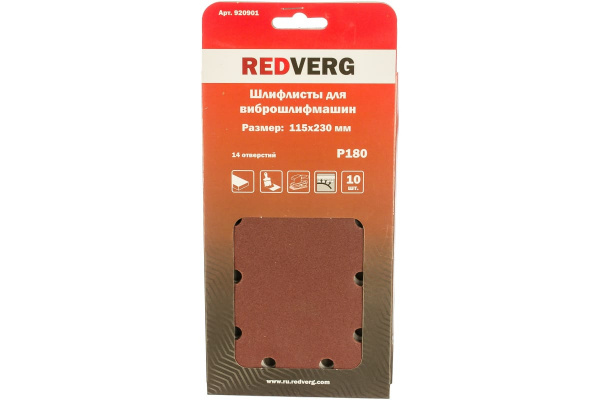 Лист шлифовальный (10 шт; 115х230 мм; Р180; 14 отверстий; Velcro) для виброшлифмашин REDVERG 6624225