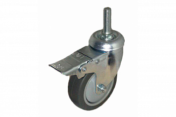 Колесо темно-серая мягкая гладкая резина крепление болтом М10 с тормозом SCTGB93 75 мм MFK-TORG 8064075M