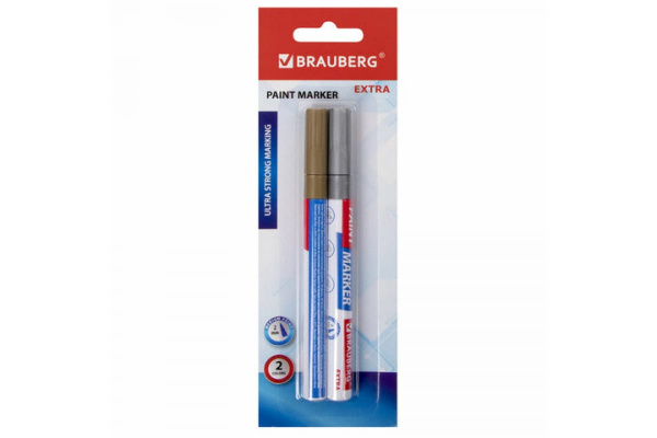 Лаковый маркер-краска BRAUBERG EXTRA paint marker 2 мм, НАБОР 2 цвета, золотой/серебряный, 151992