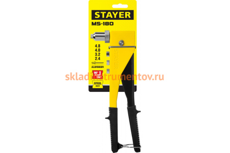 Переставной заклепочник Stayer MaxFix "MS 180" для заклёпок d=2,4-4,8 мм из алюминия стальной корпус 3107_z01