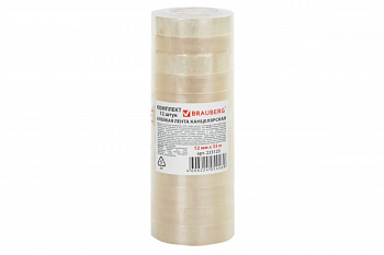 Клейкие ленты BRAUBERG 12 мм х 33 м, канцелярские, комплект 12 шт., прозр., гарант. длина 223123