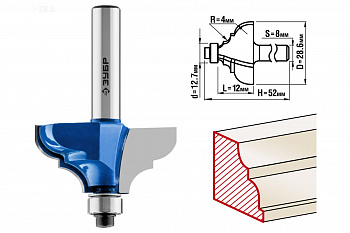 Фреза кромочная калевочная №3 ПРОФЕССИОНАЛ (28.6х12х52 мм; R4 мм; хвостовик 8 мм) Зубр 28704-28.6