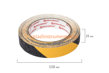 Клейкая противоскользящая лента BRAUBERG 25 мм х 5 м, черно-желтая, зернистая, основа ПВХ 606773