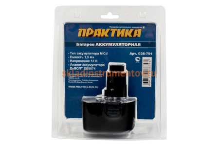 Аккумулятор (12 В; 1.5 А*ч; NiCd) для инструментов DeWALT, B&D блистер ПРАКТИКА 038-791