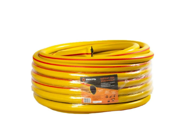 Армированный усиленный поливочный шланг Вихрь ПВХ, пищевой, трехслойный, 3/4", 25 м, жёлтый 73/7/2/4