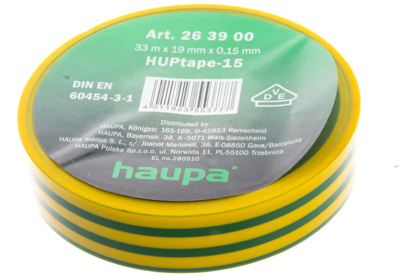 Изолента ПВХ HAUPA 19 мм x 33 м, цвет зелено-желтый 263900