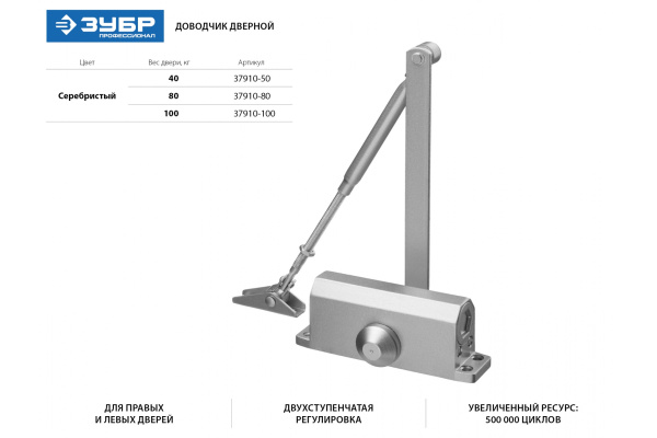 Дверной доводчик ЗУБР Профессионал для дверей массой не более 80 кг 37910-80