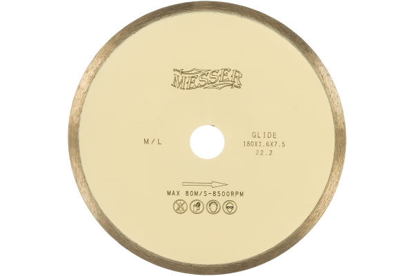 Диск алмазный сплошная кромка M/L по мрамору 180D-1.6T-7.5W-22.2 MESSER 01-25-180