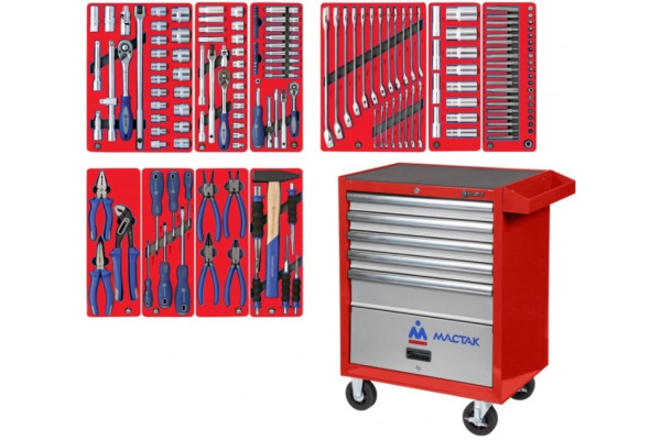 Набор инструментов СТАНДАРТ 186 предметов МАСТАК 52-05186R в красной тележке