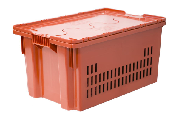 Ящик с крышкой п/э 600х400х300 дно сплошное, стенки перфорированные, оранжевый Тара.ру 18772