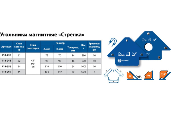 Угольник магнитный Стрелка (140 мм; 3 угла; до 45 кг) КОБАЛЬТ 918-269