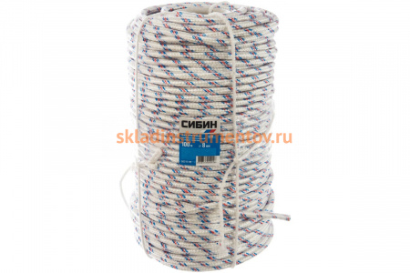 Плетёный полипропиленовый 16-прядный фал с полипропиленовым сердечником, диаметр 8мм, бухта 100м, 520кгс СИБИН 50215-08