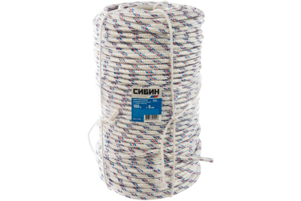 Плетёный полипропиленовый 16-прядный фал с полипропиленовым сердечником, диаметр 8мм, бухта 100м, 520кгс СИБИН 50215-08