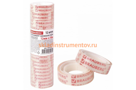 Канцелярская клейкая лента BRAUBERG 12 мм х 10 м, 12 шт., прозрачная 223122