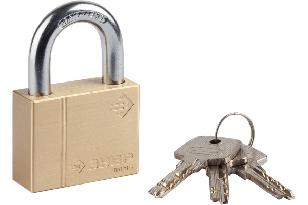 Навесной замок Зубр ЭКСПЕРТ латунный корпус, классическая форма, закаленная дужка, 50 мм 37299-50