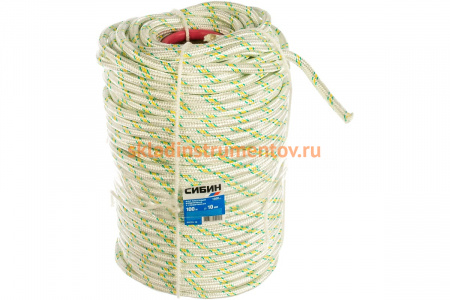 Плетёный капроновый 24-прядный фал с капроновым сердечником, диаметр 10мм, бухта 100м, 1300кгс СИБИН 50220-10