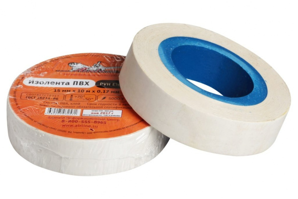 Изолента Airline ПВХ, белая, 15мм х 10м AIT-P-04