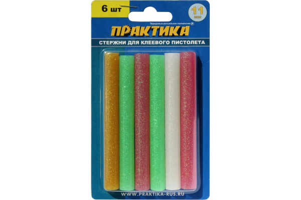 Клей цветной с блестками (6 шт; 11х100 мм) для клеевого пистолета ПРАКТИКА 790-229