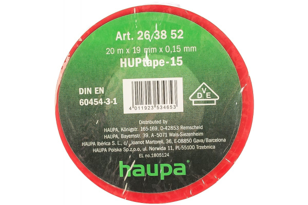 Изолента HAUPA ПВХ красный 19 ммх20 м, d 74 мм 263852