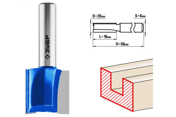 Фреза пазовая прямая ПРОФЕССИОНАЛ (20х19х50 мм; хвостовик 8 мм) Зубр 28753-20-19