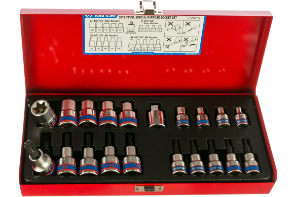 Набор торцевых насадок и головок 1/2"&3/8", TORX, Е6-Е20, Т10-Т55 (20 предметов) KING TONY 7120PR