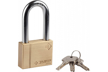 Навесной замок ЗУБР "ЭКСПЕРТ" латунный корпус, классическая форма, удлиненная закаленная дужка, 60 мм 37299-60-1