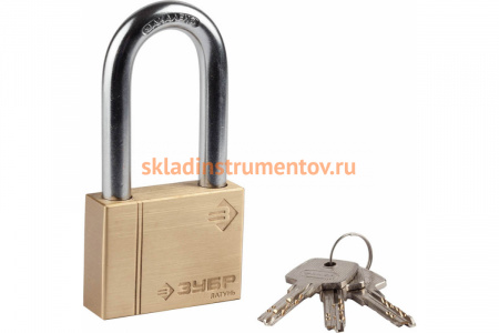 Навесной замок ЗУБР "ЭКСПЕРТ" латунный корпус, классическая форма, удлиненная закаленная дужка, 60 мм 37299-60-1