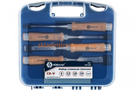 Набор плоских стамесок: 6, 12, 18, 24мм, длина 140мм, CR-V, деревянные рукоятки, точильный камень, 4шт, кейс КОБАЛЬТ 245-893