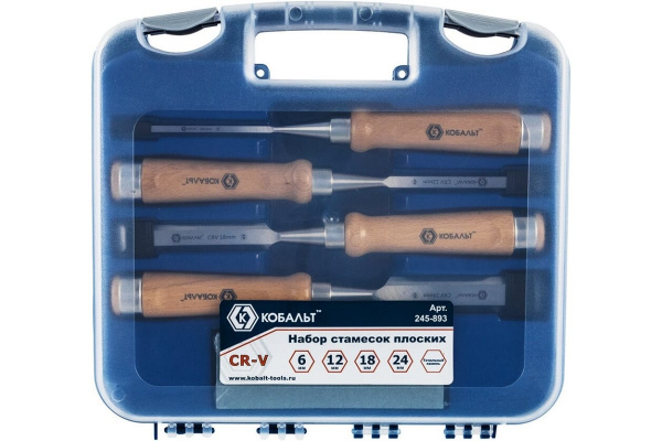 Набор плоских стамесок: 6, 12, 18, 24мм, длина 140мм, CR-V, деревянные рукоятки, точильный камень, 4шт, кейс КОБАЛЬТ 245-893