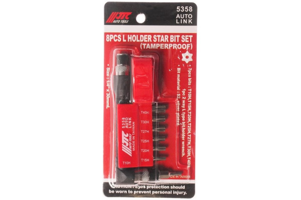 Набор вставок 1/4 DR торкс с отверстием T10H-T40H и Г-образным держателем 8шт JTC 5358
