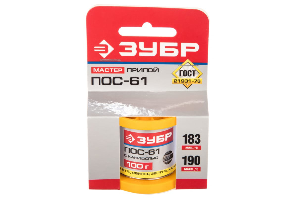 Припой ПОС 61 (1 мм; 100 г; трубка с канифолью) Зубр 55450-100-10C