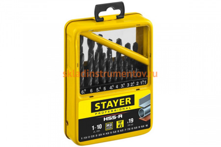 Набор сверл по металлу Professional 1-10 мм, HSS-R, сталь М2, 19 шт. STAYER 29602-H19-M_z01