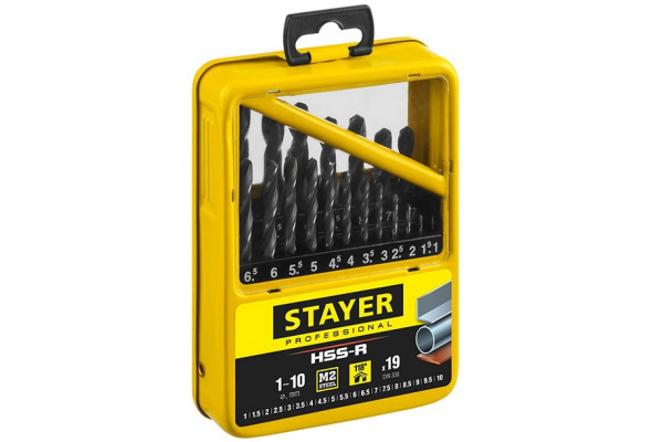 Набор сверл по металлу Professional 1-10 мм, HSS-R, сталь М2, 19 шт. STAYER 29602-H19-M_z01