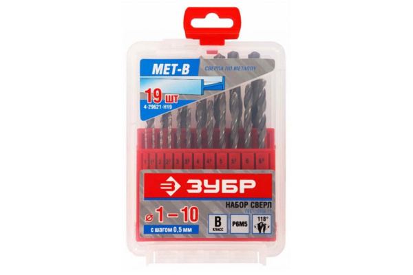 Набор сверл по металлу 19 шт. (1-10 мм) "МЕТ-В" Зубр 4-29621-H19