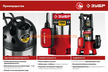 Дренажный насос для грязной воды ЗУБР НПГ-М3-1400-С Дренажный насос для грязной воды ЗУБР НПГ-М3-1400-С