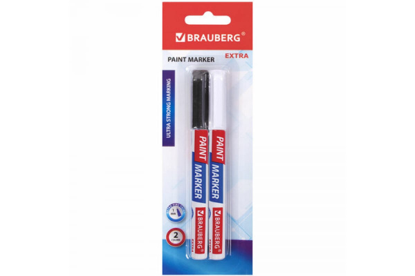 Лаковый маркер-краска BRAUBERG EXTRA paint marker 1 мм, НАБОР 2 цвета, белый/черный, 151990