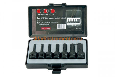 Набор головок 1/2" HEX для пневмоинструмента, 7 шт. FORCE 4077