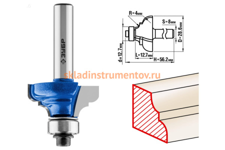 Фреза кромочная калевочная №3 ПРОФЕССИОНАЛ (28.6х12х52 мм; R4 мм; хвостовик 8 мм) Зубр 28703-28.6