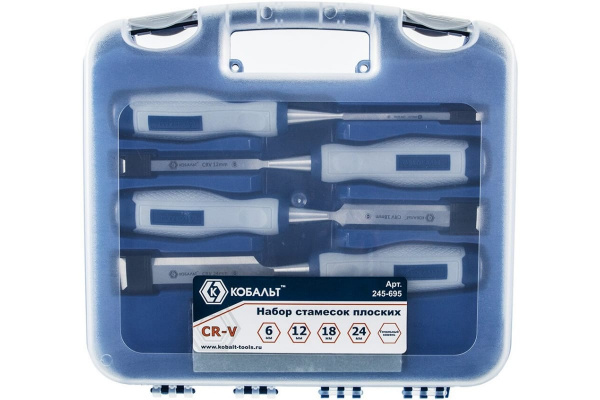 Набор плоских стамесок: 6, 12, 18, 24мм, длина 140мм, CR-V, двухкомпонентные рукоятки, точильный камень, 4шт, кейс КОБАЛЬТ 245-695