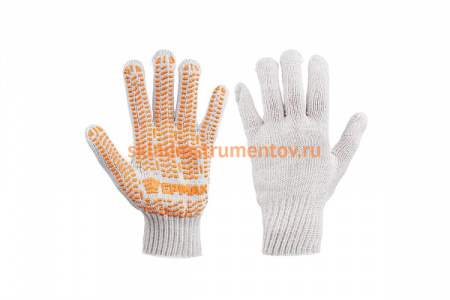Вязаные перчатки ЕРМАК ЛЮКС х/б с ПВХ напылением, 5 нитей, черные, 62г, 24см, подвес 638-008