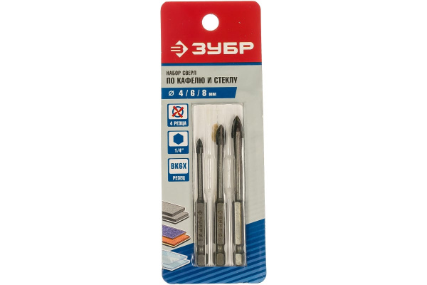 Набор сверл по кафелю и керамике ЭКСПЕРТ (3 шт; 4, 6, 8 мм) Зубр 29845-H3