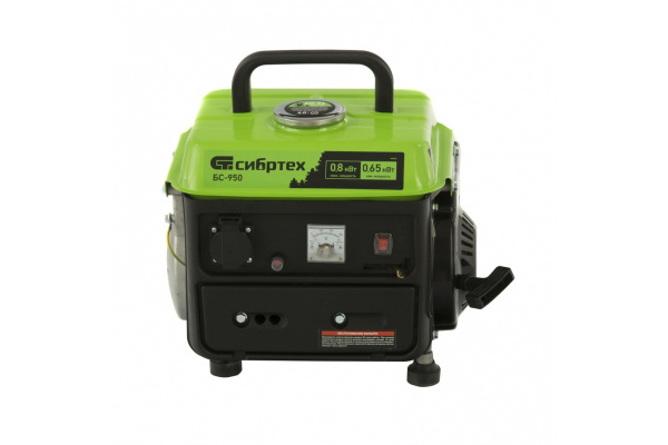 Бензиновый генератор СИБРТЕХ БС-950 0,8 кВт 230 В, 2-х такт, 4 л, ручной стартер 94665