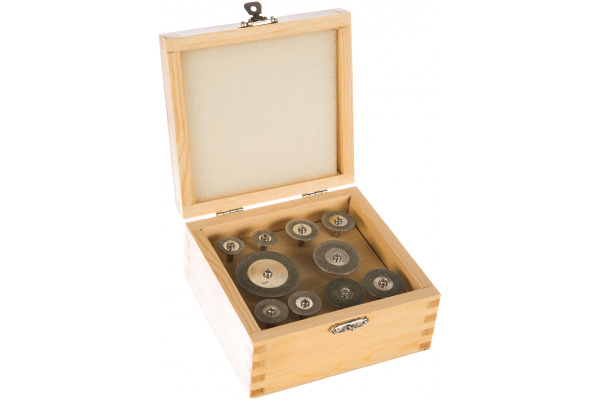 Набор мини-кругов Зубр с алмазным напылением на шпильке в пластиковом боксе диаметр 16-40 P200 хвостовик 3 мм, 10 предметов 33385-H10