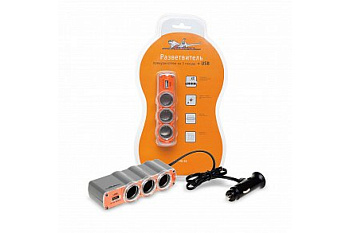 Прикуриватель-разветвитель на 3 гнезда + USB Airline оранжевый ASP-3U-03