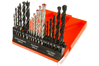 Набор сверл Sparta по бетону металлу дереву 3-4-5-6-8-10 мм 18 шт. пластиковый бокс цилиндрический хвостовик 725305